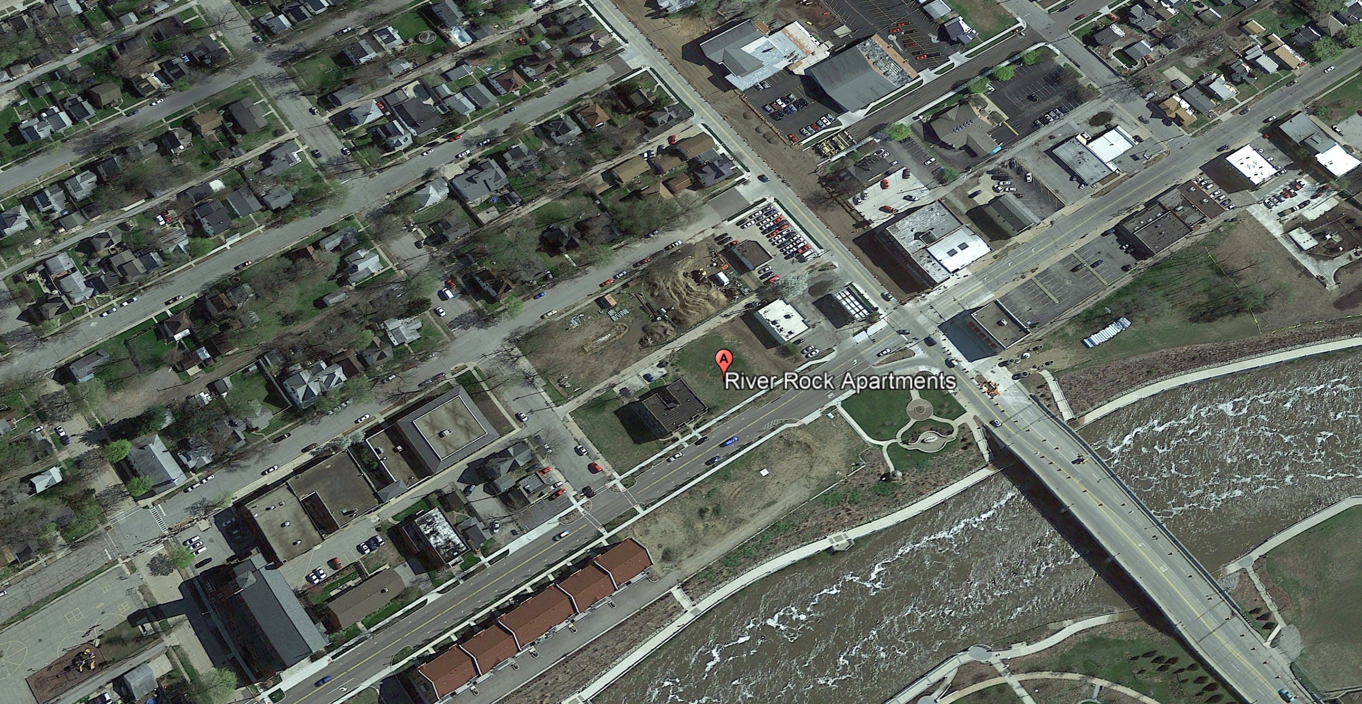 The city today — downtown Mishawaka's riverfront, River Rock at the center.